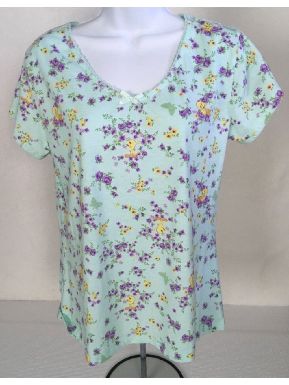 Looney Tunes Pajama Top Girls Size L 12 14 Blue w Tweety Bird Purple Flowers